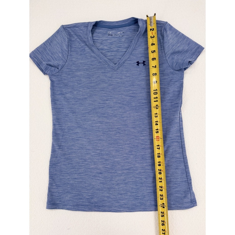 Under Armour Women Small Blue Heather Space Dye V-Neck HeatGear T-Shirt Slim Fit - Picture 5 of 7